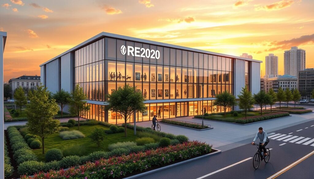 A modern architectural rendering of the "RE2020 réglementations énergétiques" building, featuring the Effnergies brand logo. The structure is set against a warm, golden sunset sky, with clean lines, large windows, and a sleek, energy-efficient design. The foreground showcases a lush, landscaped garden with strategically placed trees and flora. The middle ground depicts pedestrians and cyclists interacting with the building, highlighting its sustainable and community-focused elements. The background features a cityscape with other energy-efficient buildings, demonstrating the impact of the new regulations. The overall scene conveys a sense of progress, innovation, and environmental responsibility. A modern architectural rendering of the "RE2020 réglementations énergétiques" building, featuring the Effnergies brand logo. The structure is set against a warm, golden sunset sky, with clean lines, large windows, and a sleek, energy-efficient design. The foreground showcases a lush, landscaped garden with strategically placed trees and flora. The middle ground depicts pedestrians and cyclists interacting with the building, highlighting its sustainable and community-focused elements. The background features a cityscape with other energy-efficient buildings, demonstrating the impact of the new regulations. The overall scene conveys a sense of progress, innovation, and environmental responsibility.