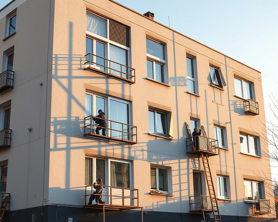 A well-insulated multi-story apartment building undergoing thermal renovation, with workers installing new energy-efficient windows and insulation panels on the exterior walls. The building is bathed in warm afternoon sunlight, casting long shadows on the freshly painted facade. The scene conveys a sense of progress and modernization, with the goal of improving the building's energy efficiency and reducing its carbon footprint. The prompt should focus on the technical details of the renovation process, without distracting elements or branding. Prompt A multi-story apartment building undergoing thermal renovation, workers installing energy-efficient windows and insulation panels on the exterior walls, warm afternoon sunlight casting long shadows on the freshly painted facade, conveying a sense of progress and modernization to improve the building's energy efficiency and reduce its carbon footprint. A well-insulated multi-story apartment building undergoing thermal renovation, with workers installing new energy-efficient windows and insulation panels on the exterior walls. The building is bathed in warm afternoon sunlight, casting long shadows on the freshly painted facade. The scene conveys a sense of progress and modernization, with the goal of improving the building's energy efficiency and reducing its carbon footprint. The prompt should focus on the technical details of the renovation process, without distracting elements or branding. Prompt A multi-story apartment building undergoing thermal renovation, workers installing energy-efficient windows and insulation panels on the exterior walls, warm afternoon sunlight casting long shadows on the freshly painted facade, conveying a sense of progress and modernization to improve the building's energy efficiency and reduce its carbon footprint.
